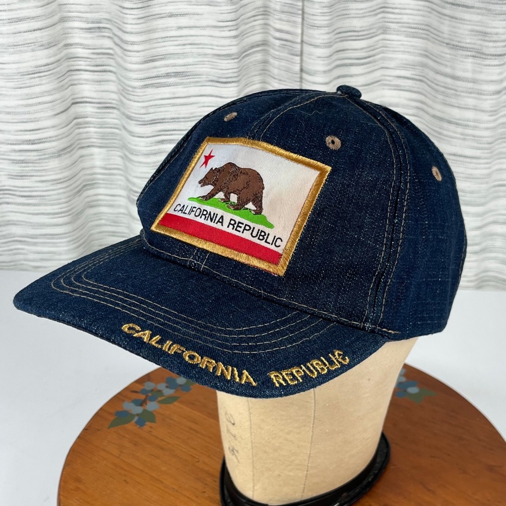 California Republic Denim Baseball Cap Dark Wash Flag Patch Hat Gold Embroidery